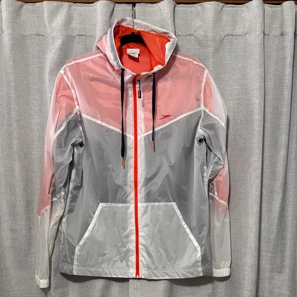Men’s Speedo Nylon Jacket-S-Sheer with Mesh Underlay-White/Orange/Black-Hood-EUC